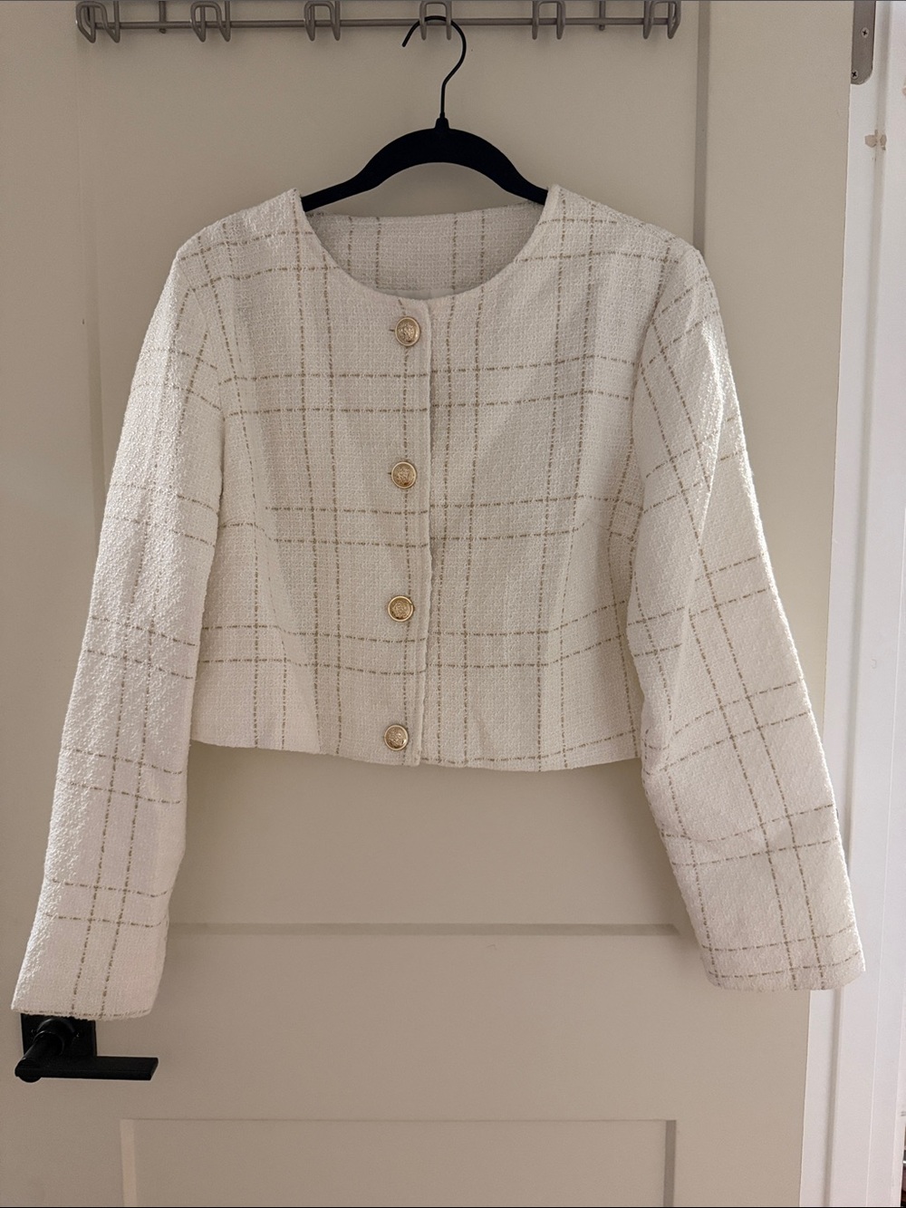 Classic Cropped Tweed Jacket - White with Gold Trim
